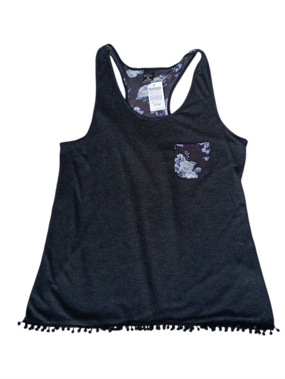 Empyre Women's Charcoal Tank with Floral Back sz L NEW